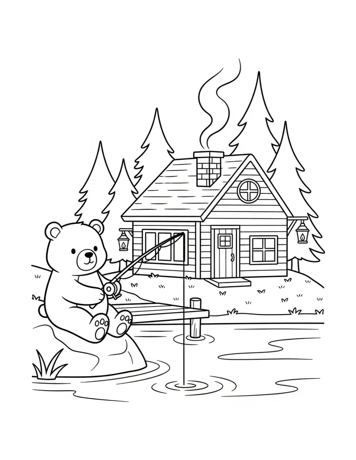 Cute Bear Fishing Cabin Colori — free printable cozy coloring coloring page for kids and adults