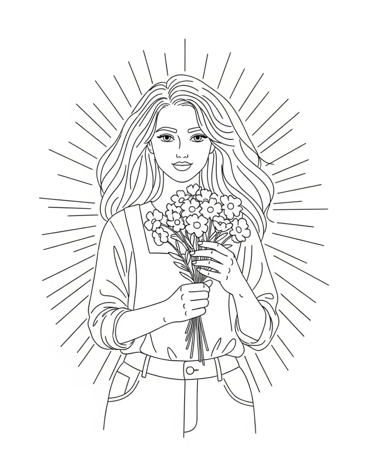 Free printable coloring page: cozy summer flower picking day coloring page. Cute and cozy summer design for kids and adults to download and print.