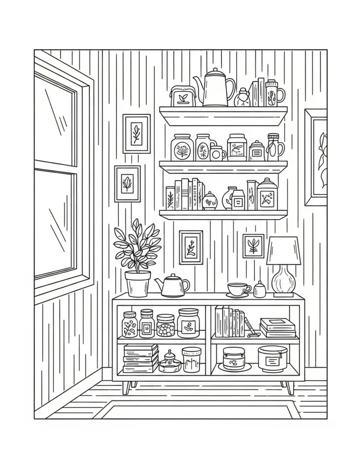 Free printable coloring page: cozy tea collection display ro coloring page. Cute and cozy design for kids and adults to download and print.