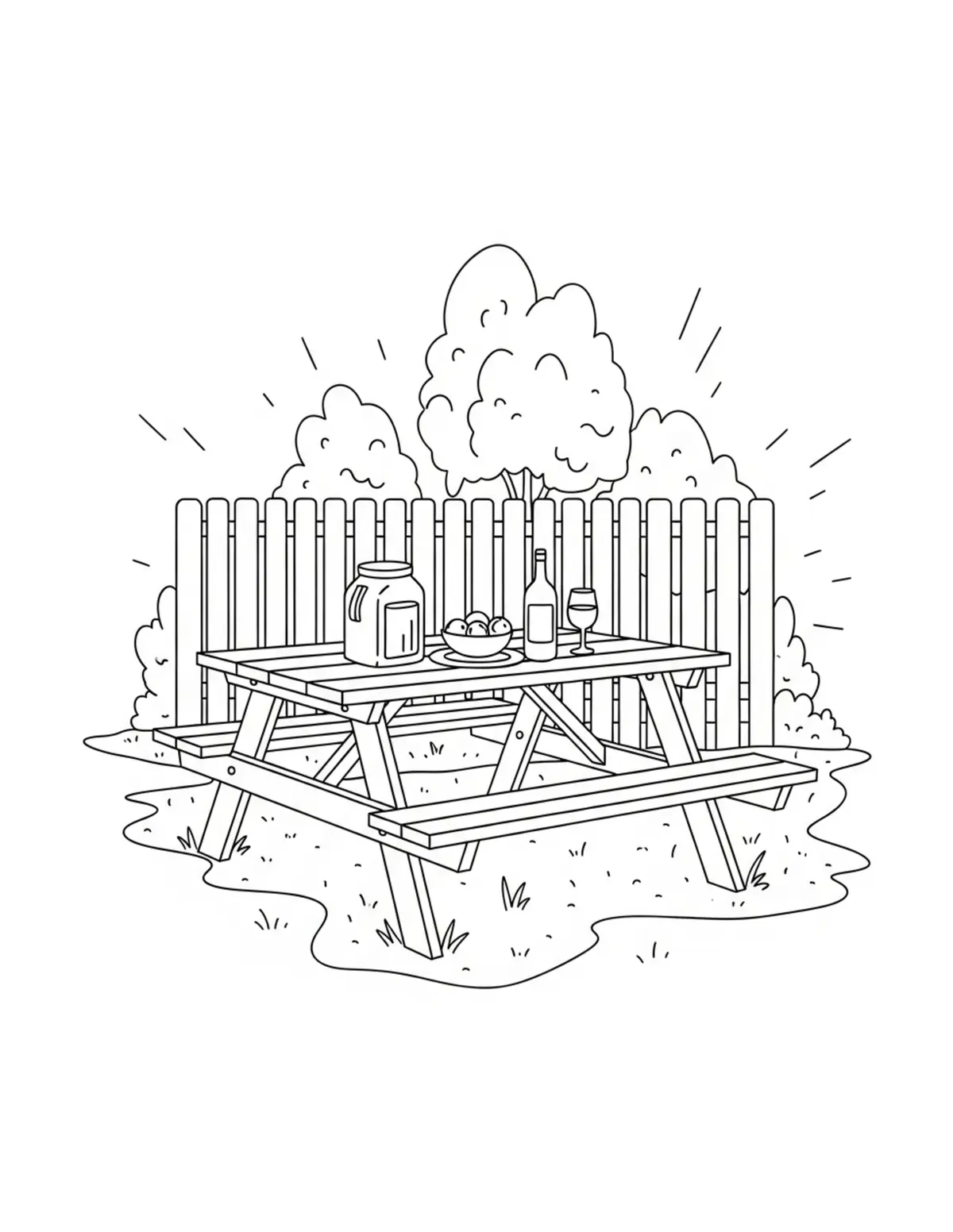 Free printable coloring page: cozy backyard picnic table coloring page. Cute and cozy summer design for kids and adults to download and print.