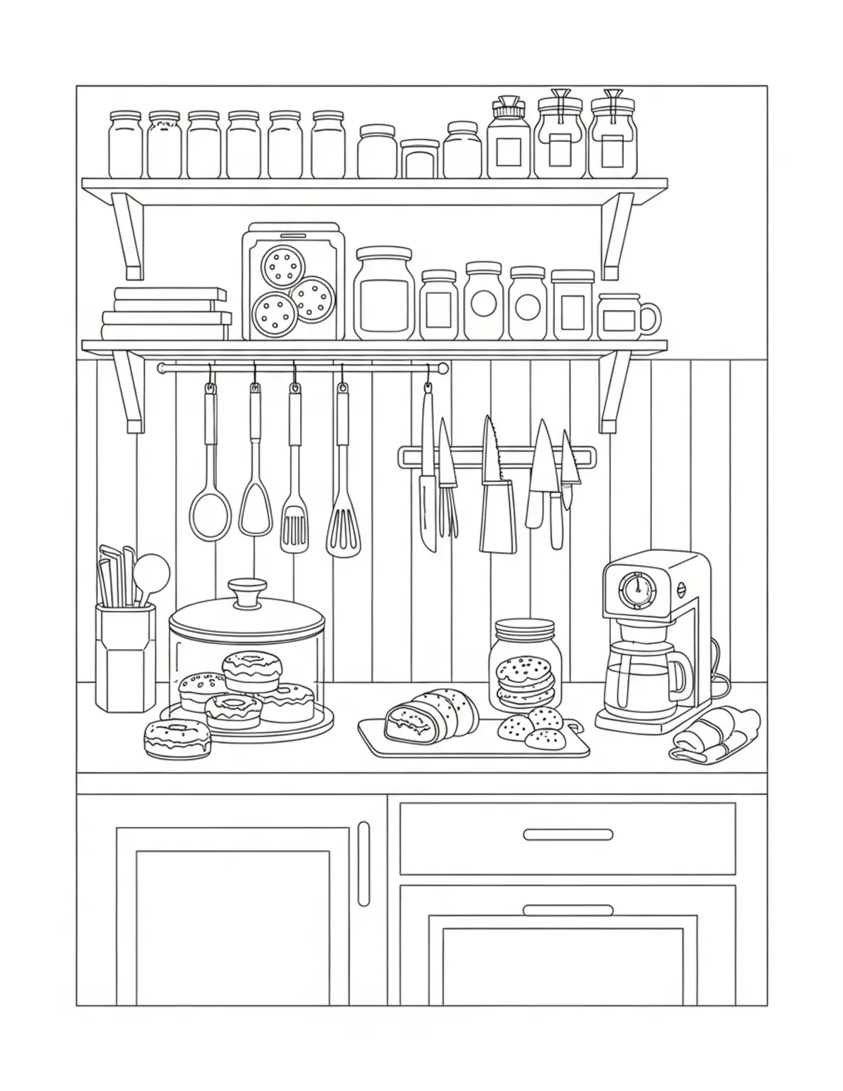 Free printable coloring page: cozy baking prep room coloring page. Cute and cozy design for kids and adults to download and print.