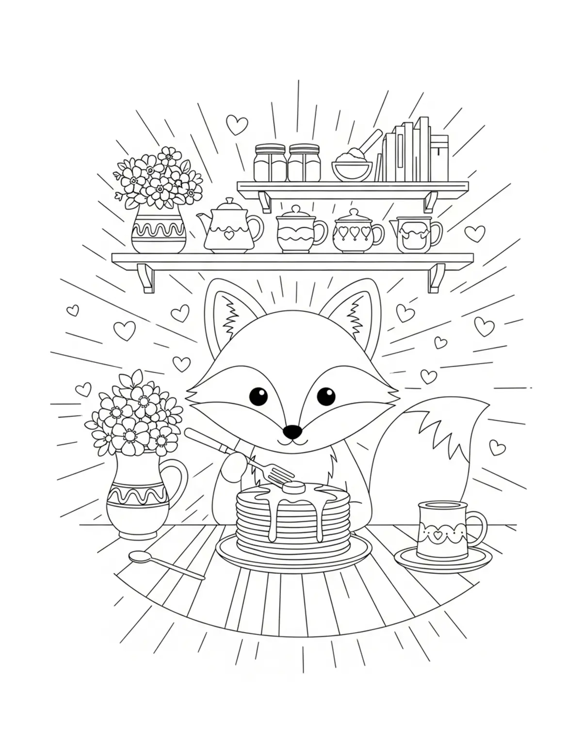 Vintage Tea Set Display — free printable tea party scenes coloring page with teapot theme