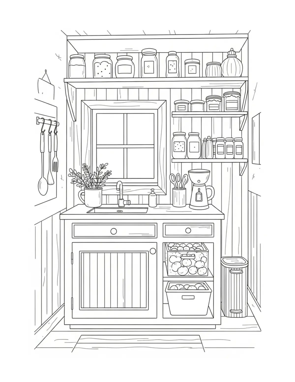 Free printable coloring page: cozy cottage pantry room coloring page. Cute and cozy design for kids and adults to download and print.