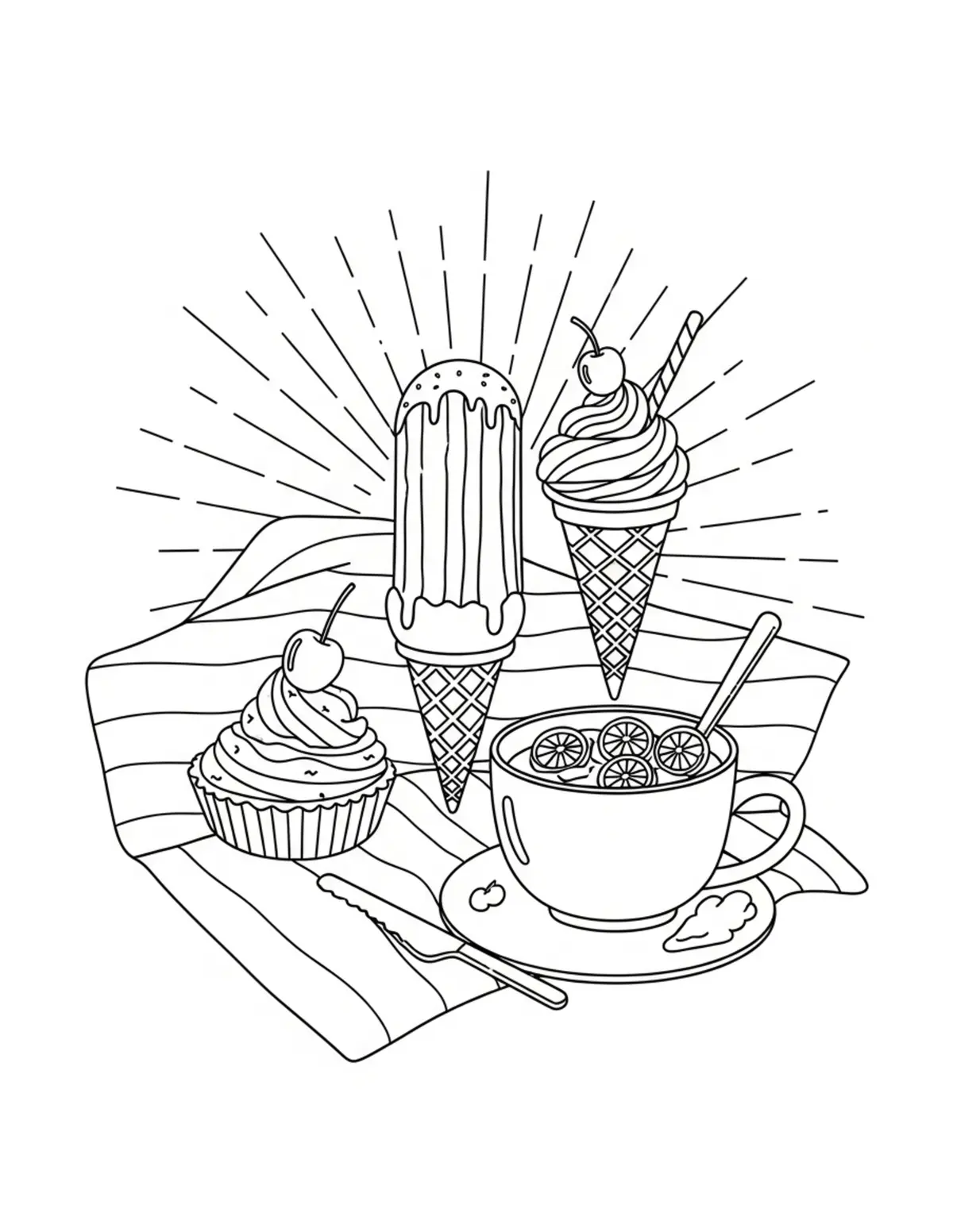 Free printable coloring page: cozy summer ice cream picnic coloring page. Cute and cozy summer design for kids and adults to download and print.