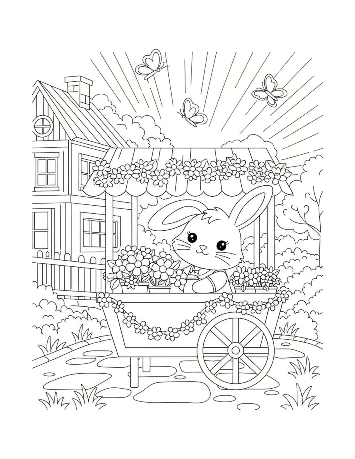 Cute Bunny Flower Cart Colorin — free printable cozy coloring coloring page for kids and adults