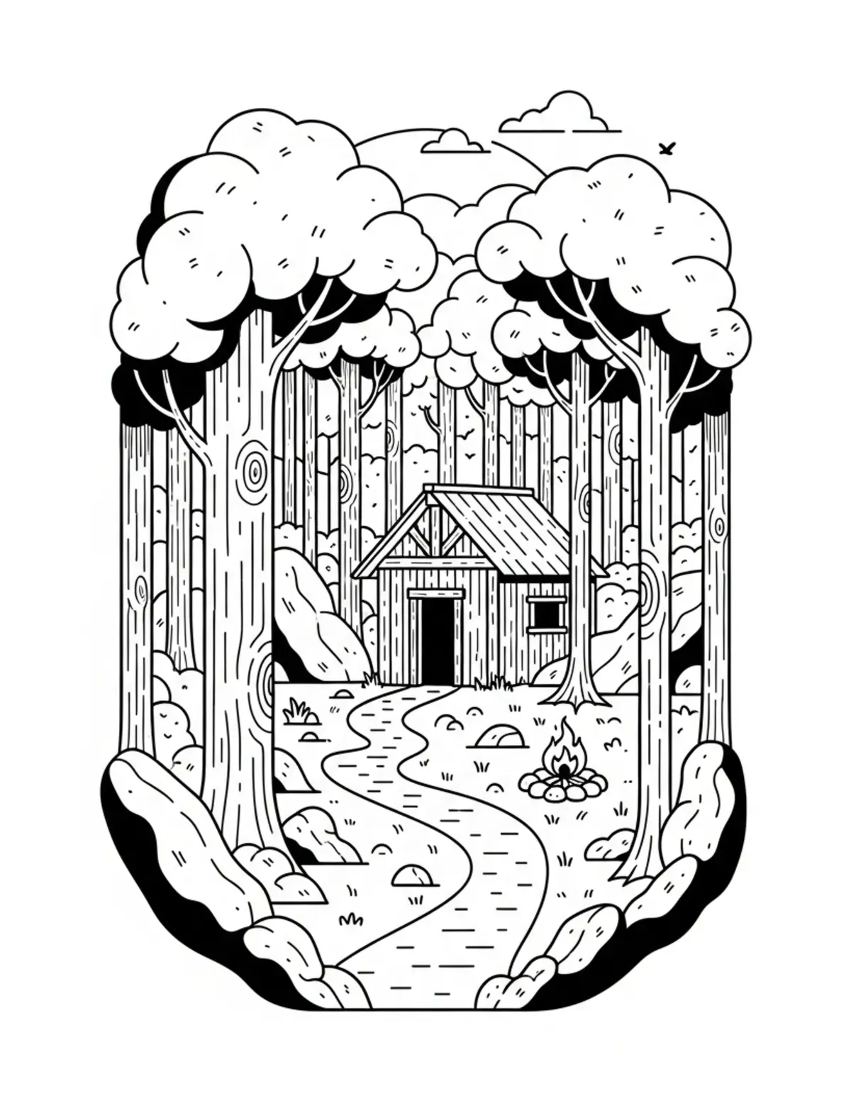 Free printable coloring page: secret-forest-outpost coloring page. Cute and cozy design for kids and adults to download and print.
