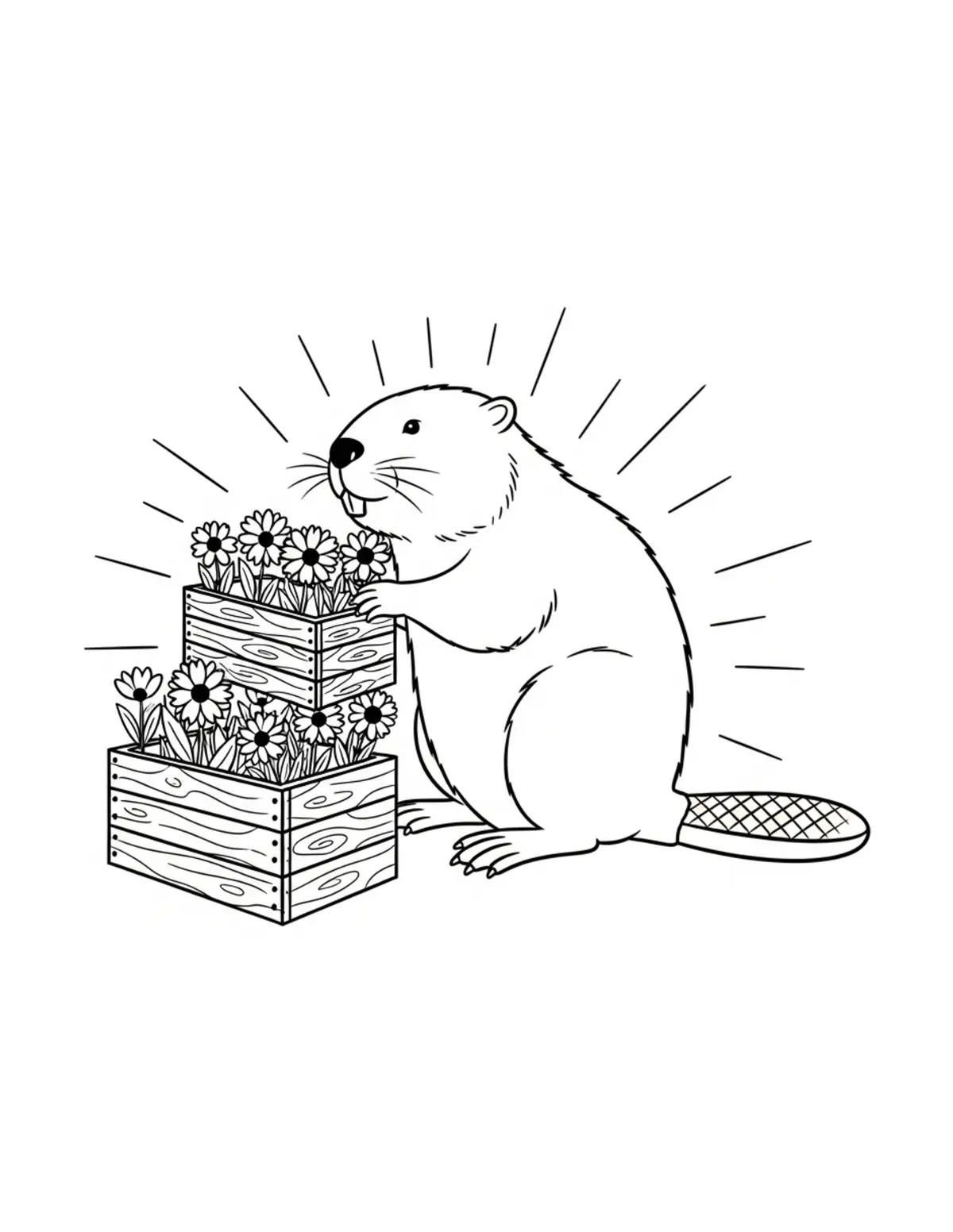 Beaver Making Wooden Flower Boxes Coloring Page - free printable JPG featuring adorable woodland beaver