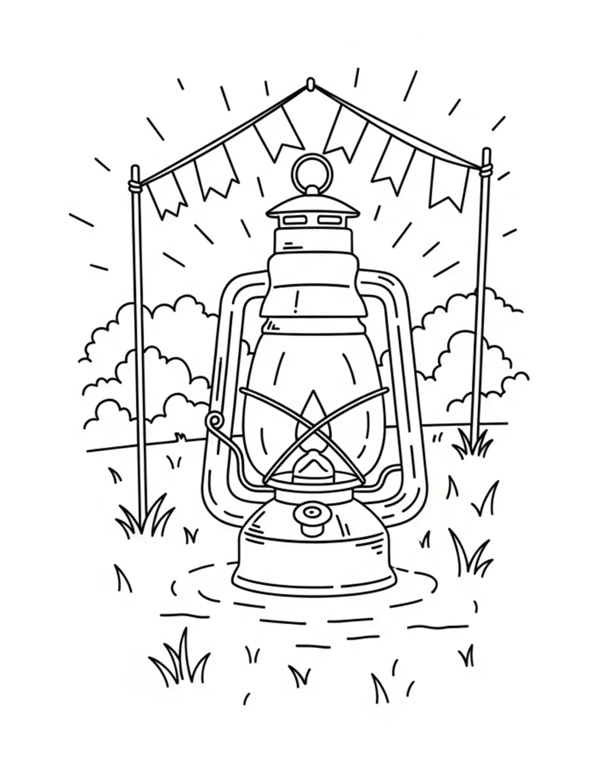 Free printable coloring page: cozy summer camp lantern path coloring page. Cute and cozy summer design for kids and adults to download and print.
