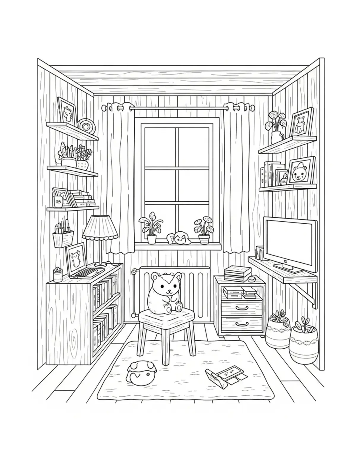 Free printable coloring page: cozy woodland hobby room coloring page. Cute and cozy design for kids and adults to download and print.