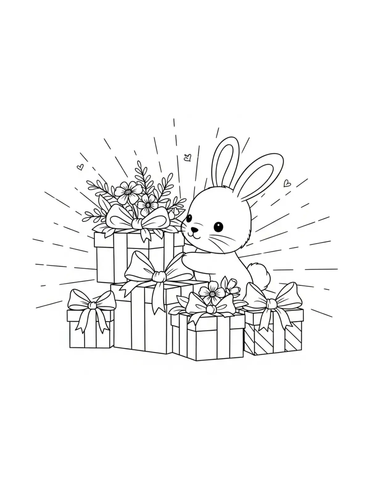Cute Bunny Decorating Gift Box Coloring Page - free printable JPG featuring adorable tiny animal village scene