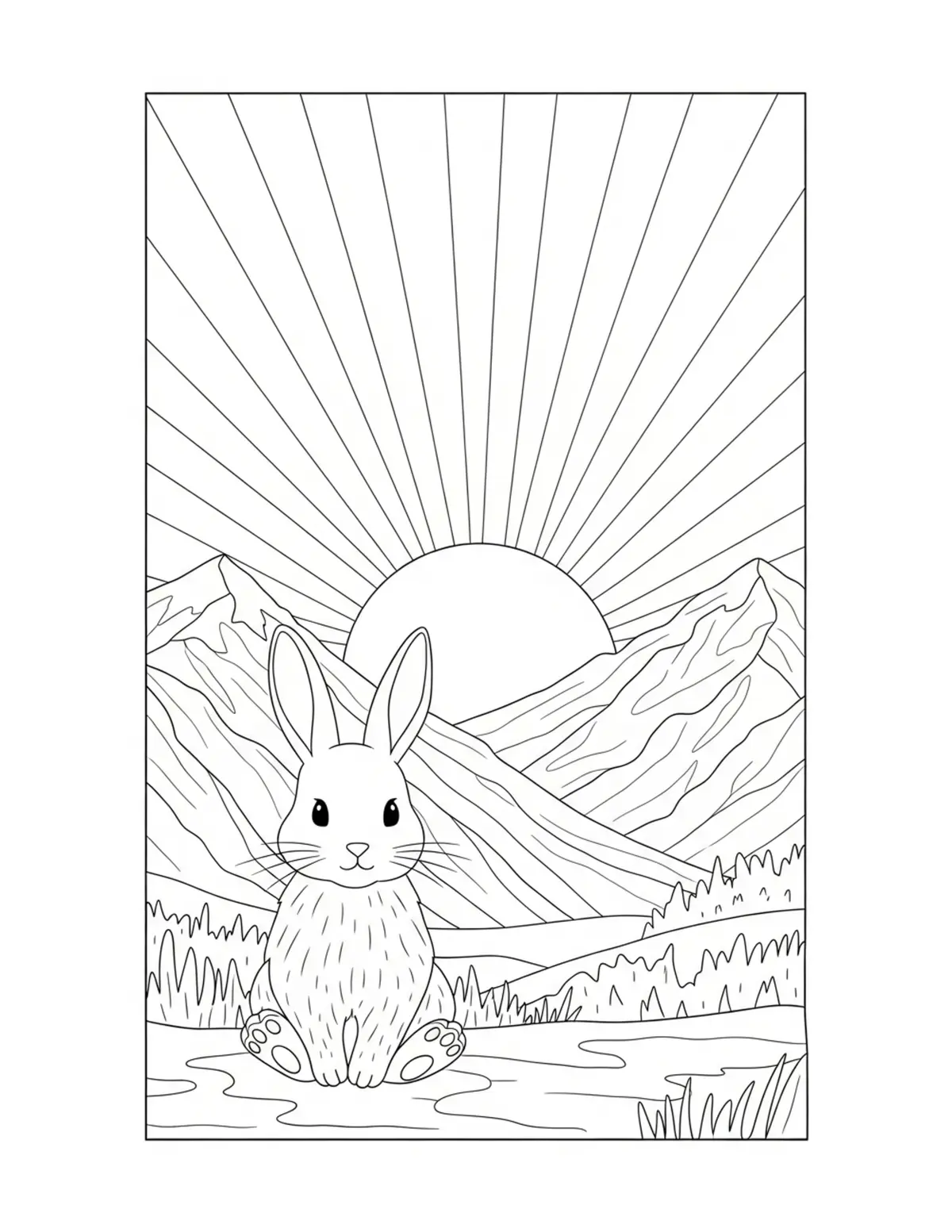Cute Bunny Enjoying A Peaceful Coloring Page - free printable JPG featuring adorable tiny animal village scene