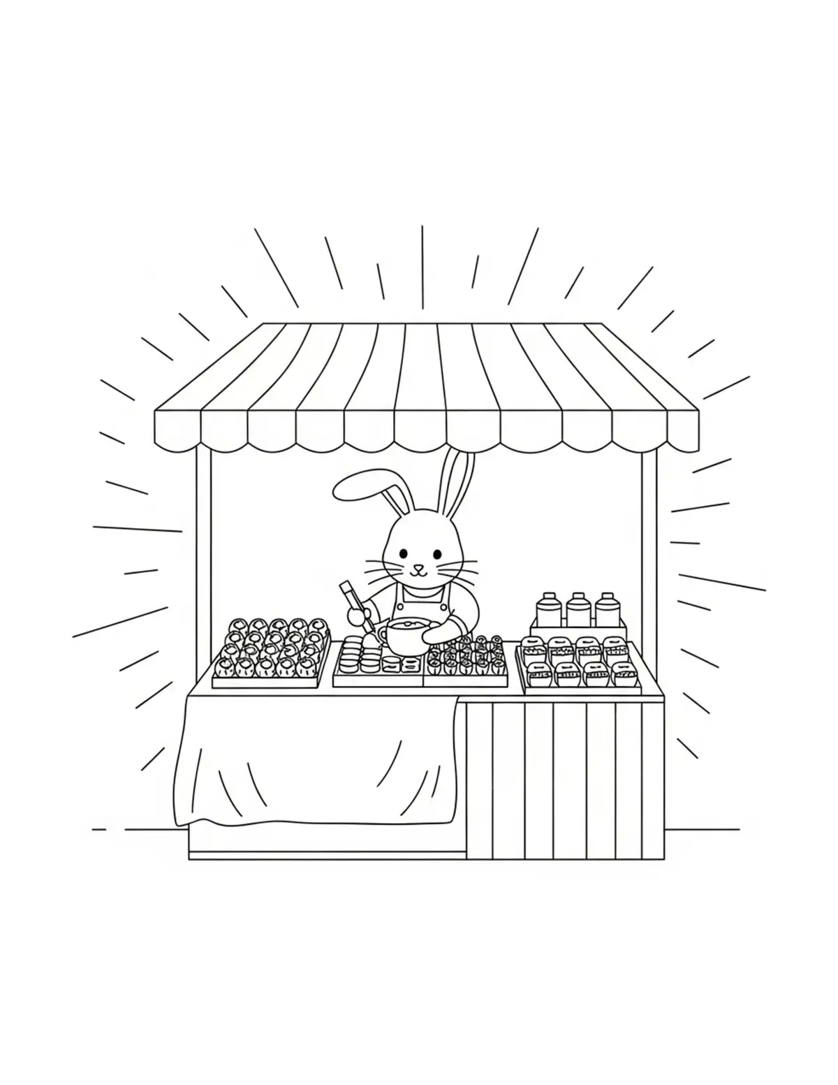 Cute Bunny Preparing A Market  Coloring Page - free printable JPG featuring adorable tiny animal village scene
