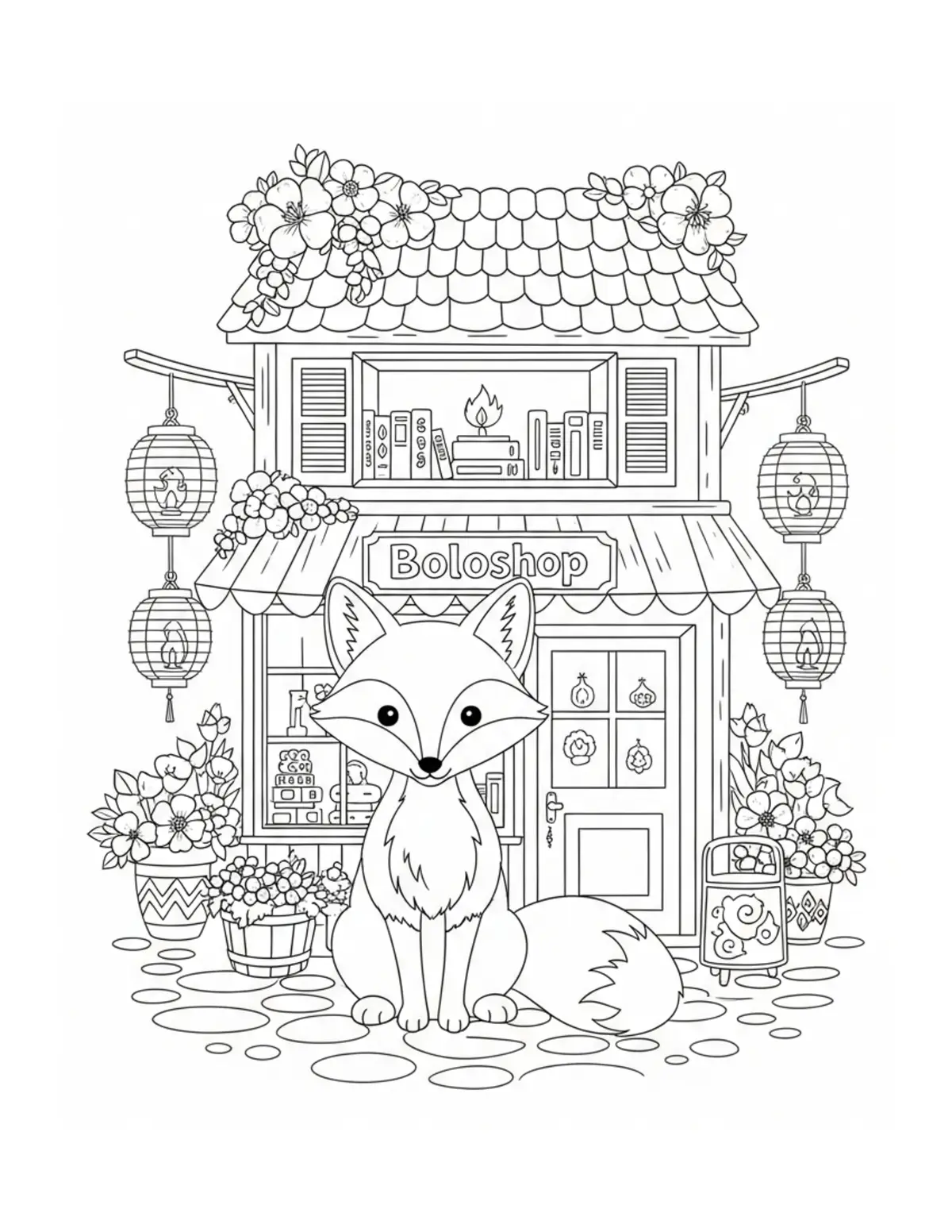 Free printable coloring page: cute fox bookshop village squa coloring page. Cute design for kids and adults.