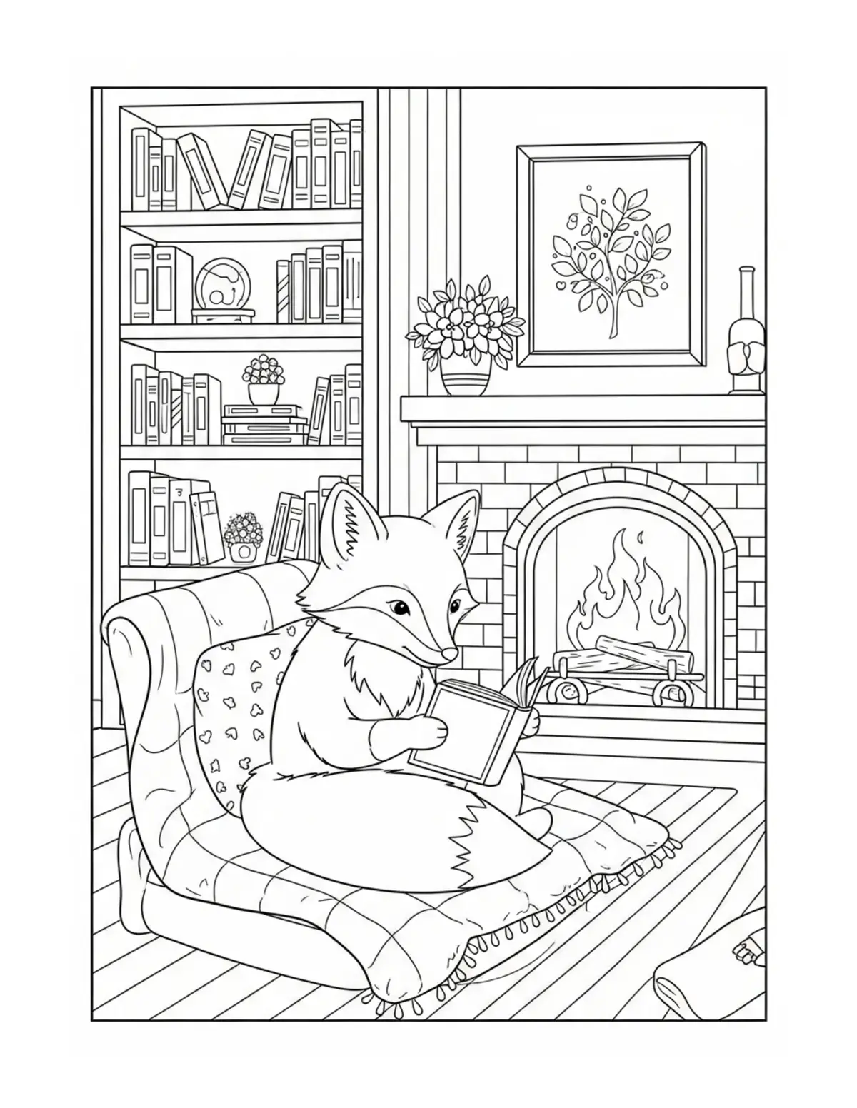 Cute Fox Cozy Reading Room Col — free printable cozy coloring coloring page for kids and adults