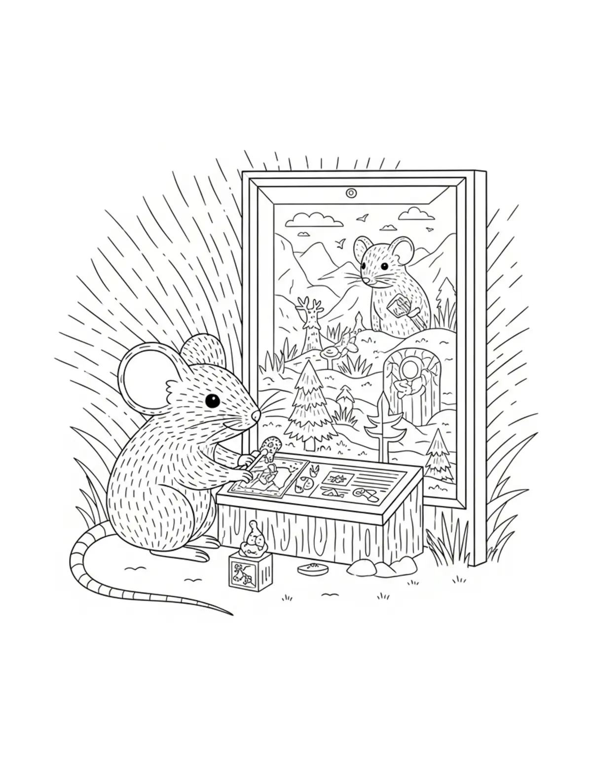 Cute Mouse Creating A Forest M coloring page - free printable JPG featuring adorable woodland animals