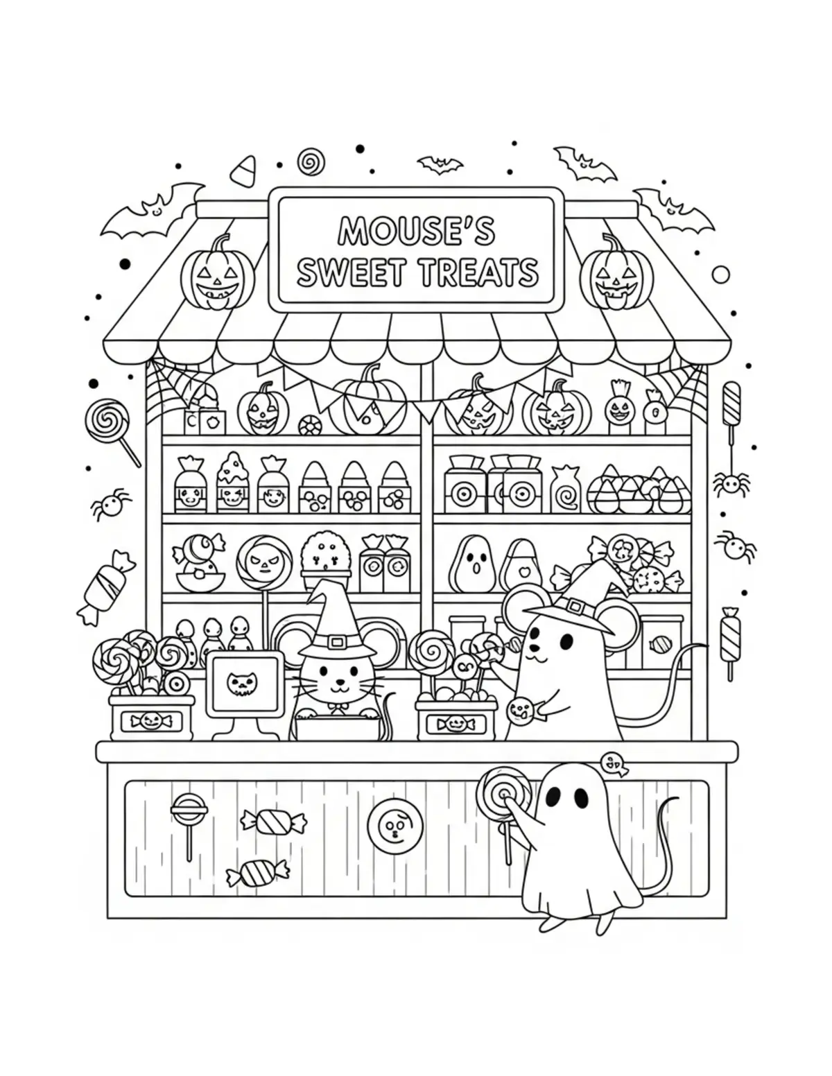 Free printable coloring page: halloween mouse candy shop coloring page. Cute and cozy design for kids and adults to download and print.