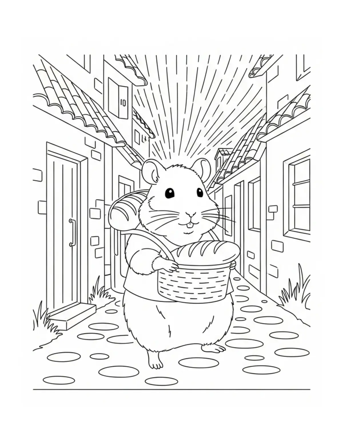 Hamster Carrying Bread Through Coloring Page - free printable JPG featuring adorable hamster baking