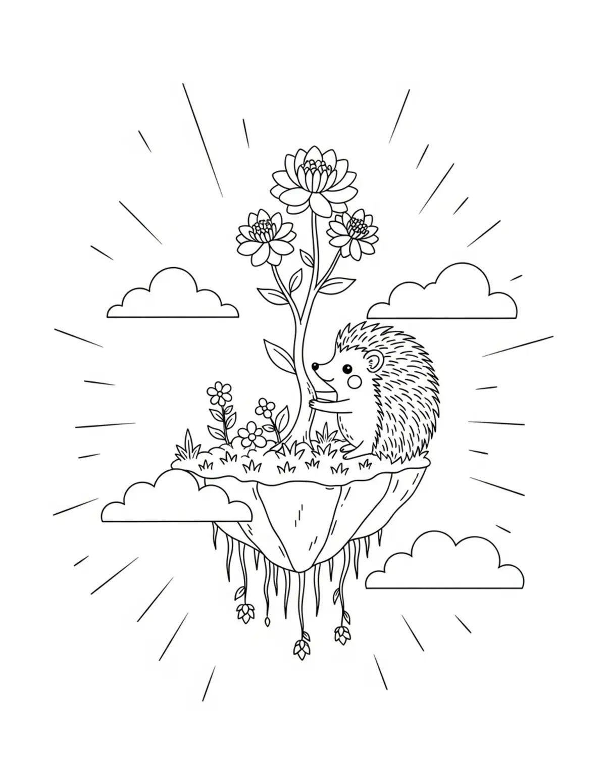 Free printable coloring page: little hedgehog maintaining a coloring page. Cute and cozy tiny animal design for kids and adults to download and print.