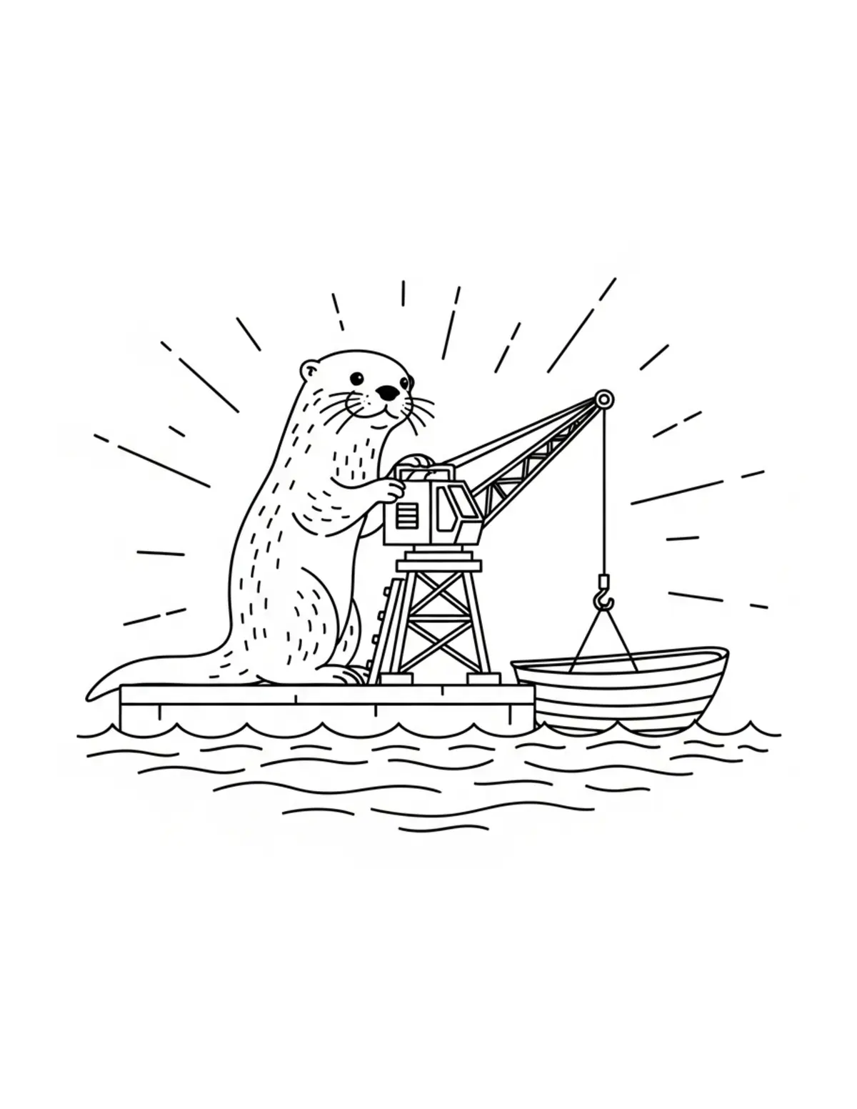 Otter Operating a Tiny Harbor Coloring Page - free printable JPG featuring adorable woodland animals