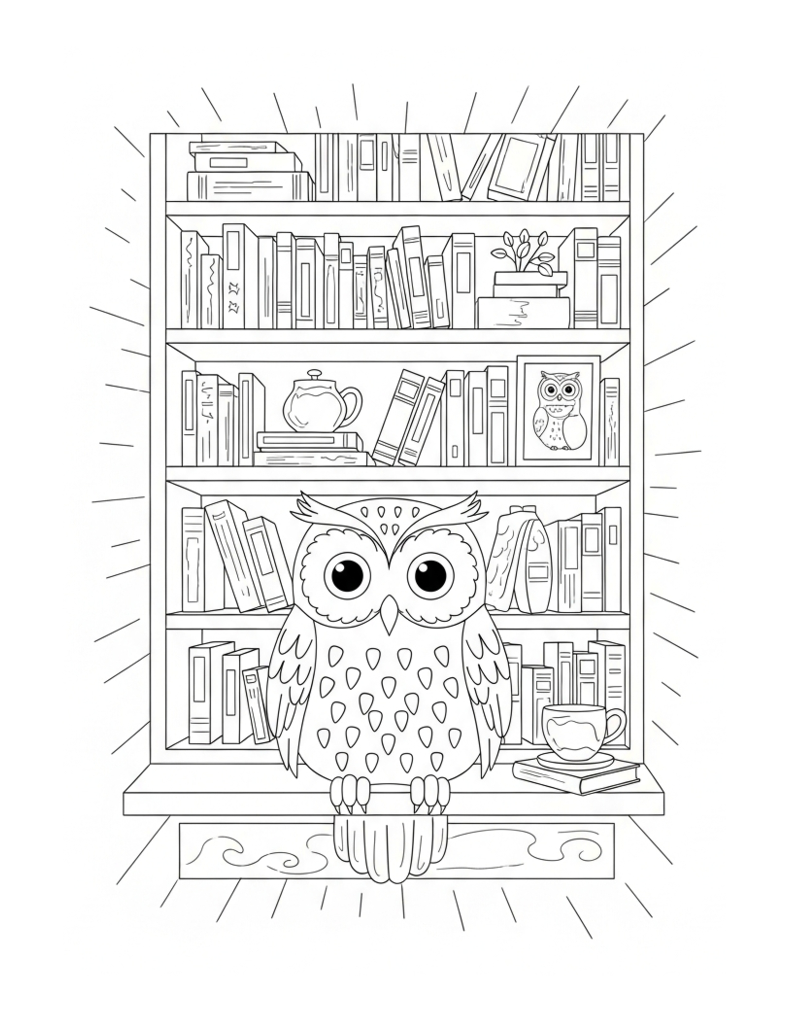 Owl Decorating A Cozy Bookshop Coloring Page - free printable JPG featuring adorable owl
