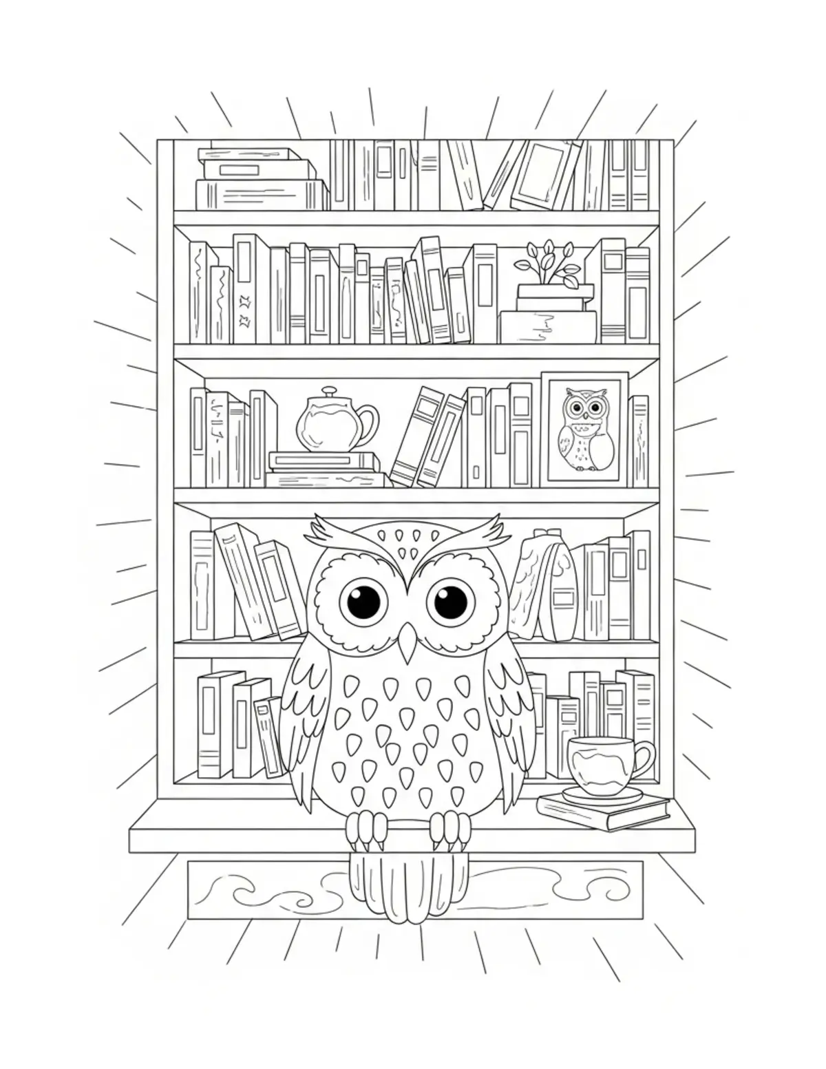 Owl Decorating A Cozy Bookshop Coloring Page - free printable JPG featuring adorable owl