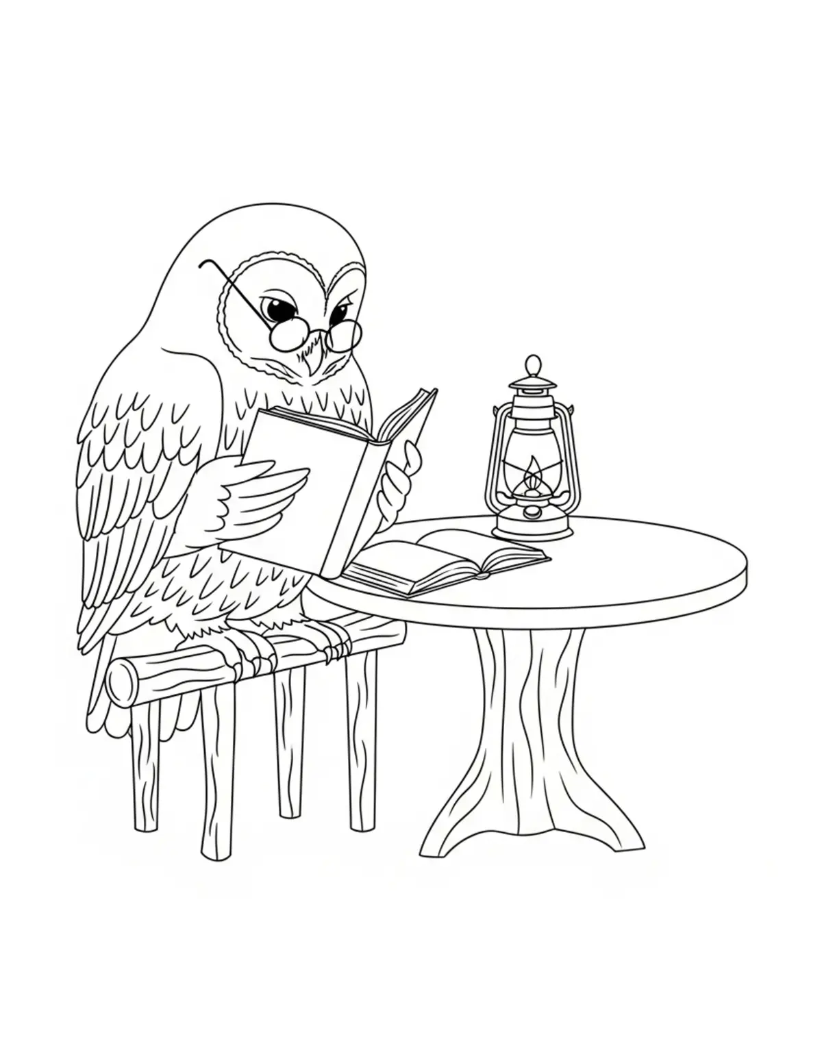 Owl Reading Beside A Lantern L Coloring Page - free printable JPG featuring adorable owl reading scenes