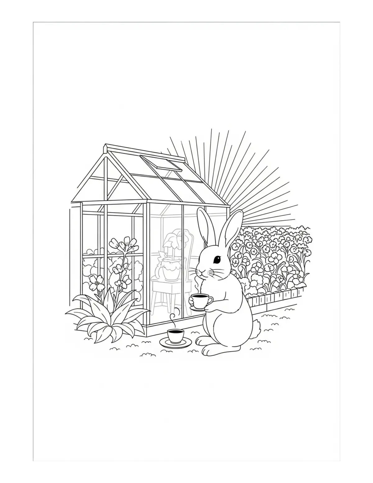Rabbit Enjoying Tea Beside A Coloring Page - free printable JPG featuring adorable rabbit