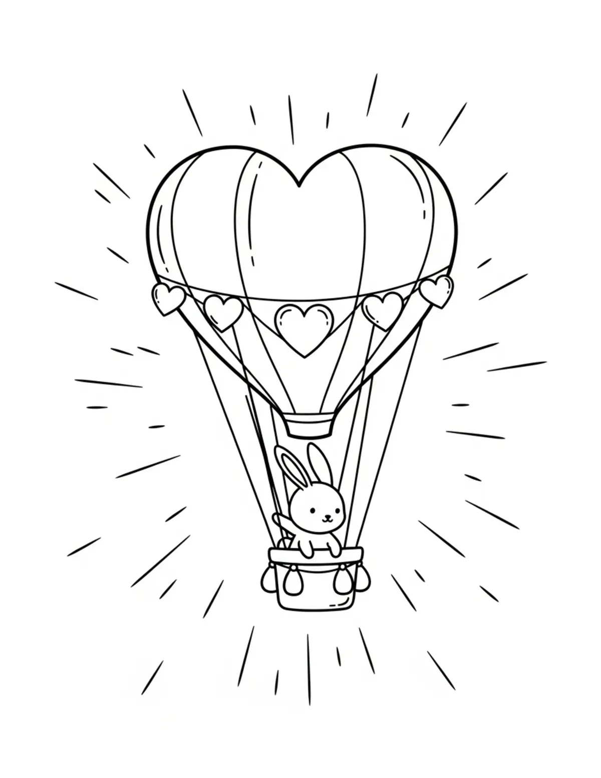 Free printable coloring page: tiny-bunny-flying-a-heart-shap coloring page. Cute and cozy design for kids and adults to download and print.
