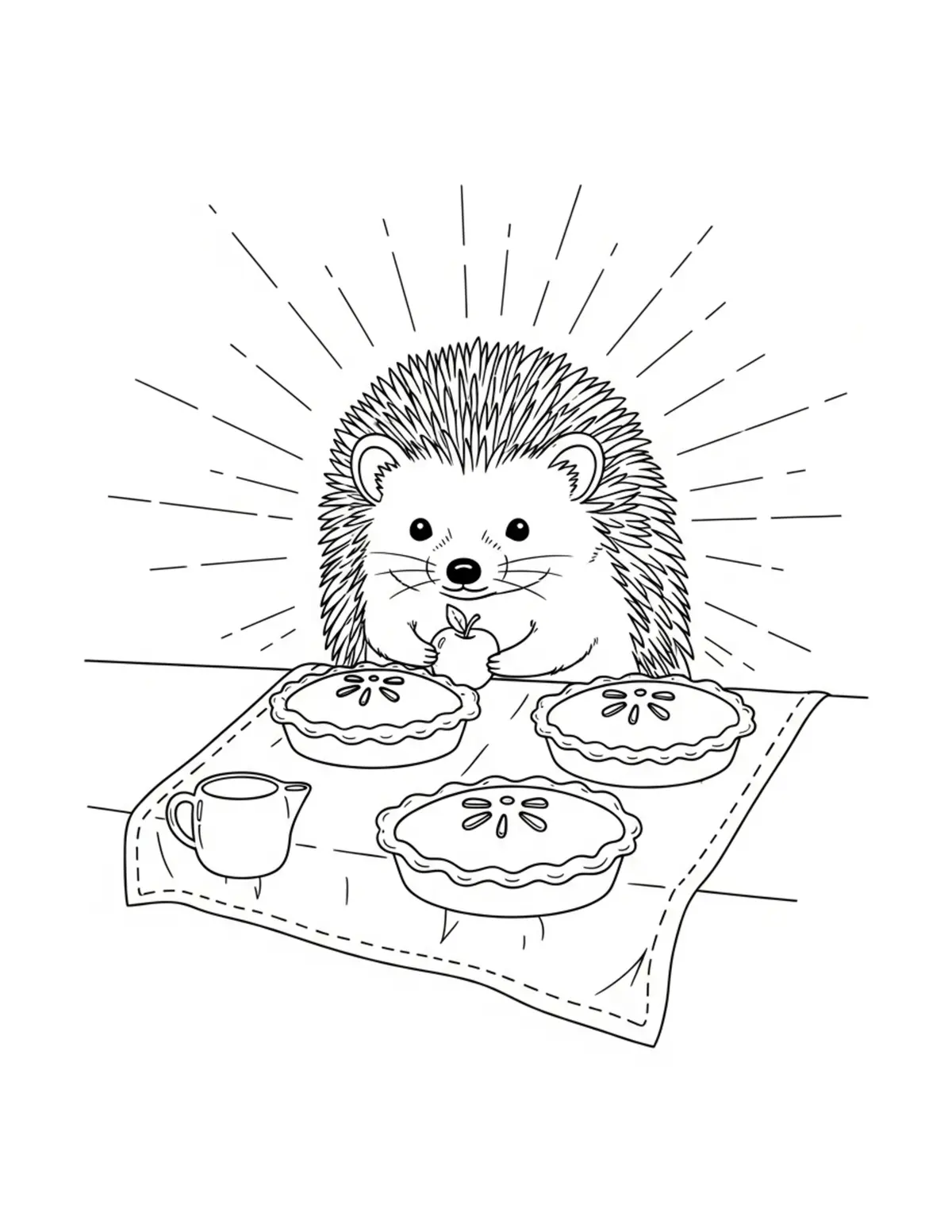 Free printable coloring page: tiny-hedgehog-baking-apple-pie coloring page. Cute and cozy design for kids and adults to download and print.