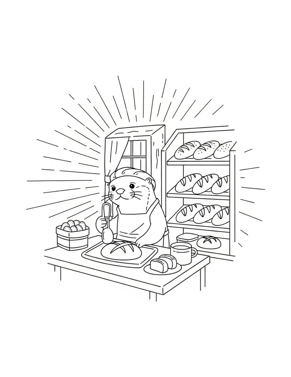 Free printable coloring page: tiny-otter-baking-fresh-bread coloring page. Cute and cozy design for kids and adults to download and print.