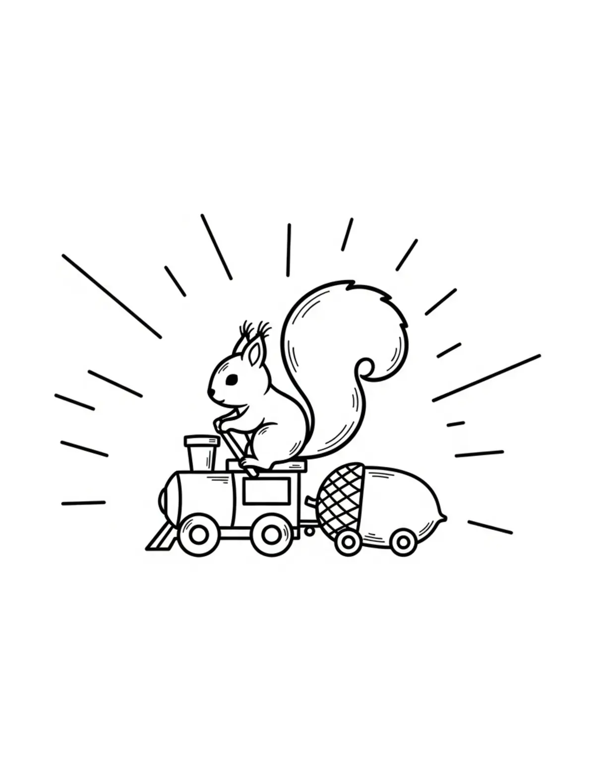 Free printable coloring page: tiny-squirrel-riding-an-acorn coloring page. Cute and cozy design for kids and adults to download and print.