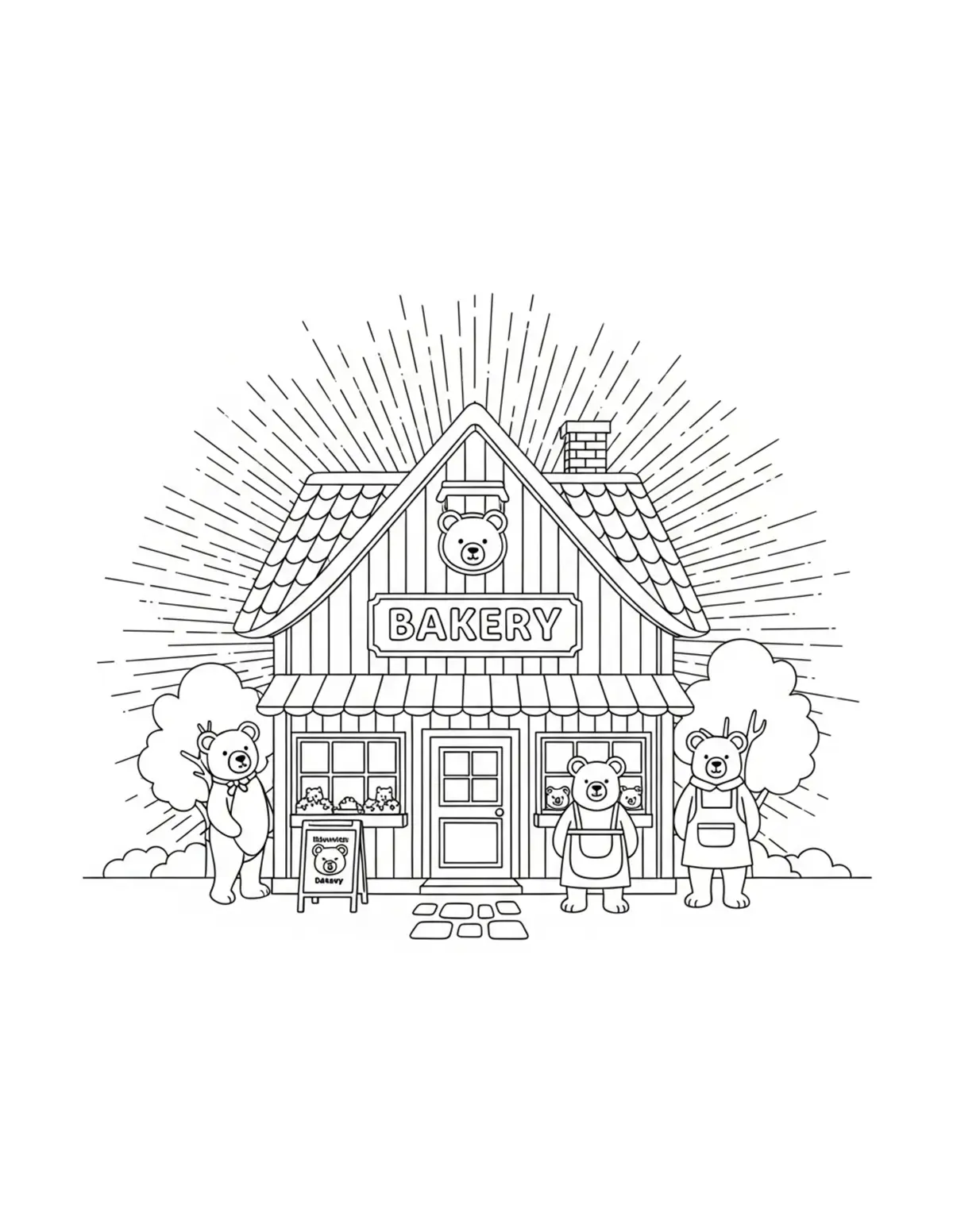 Free printable coloring page: bear-bakery-village-street coloring page. Cute and cozy design for kids and adults to download and print.