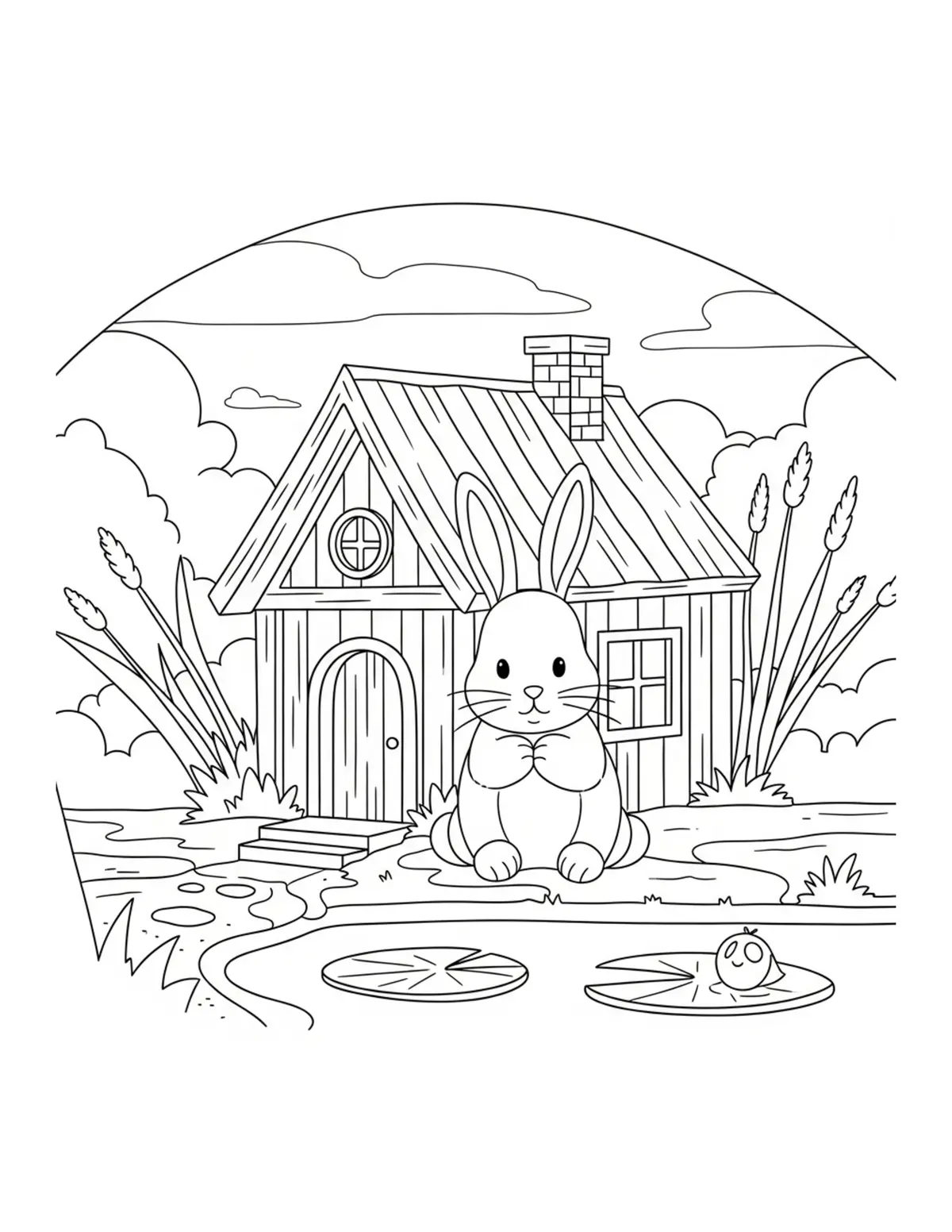 Free printable coloring page: bunny cottage by pond coloring page. Cute and cozy design for kids and adults to download and print.