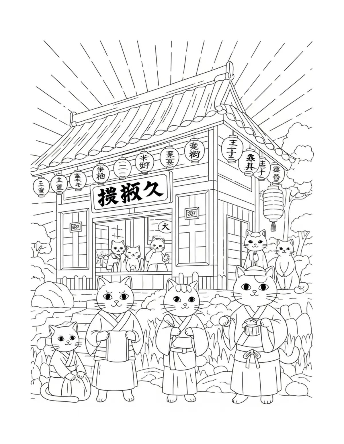 Cat Village Festival — free printable cozy coloring coloring page for kids and adults