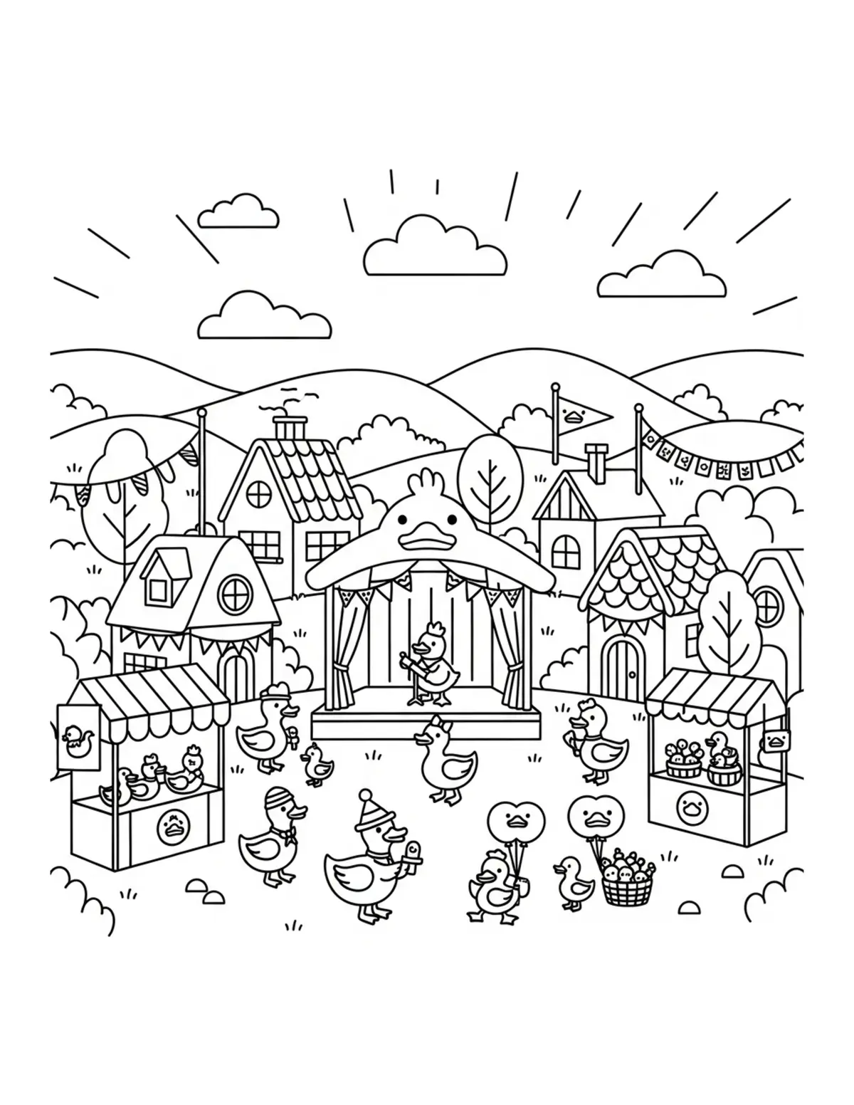 Duck Village Festival Coloring Page - free printable JPG featuring adorable duck scenes