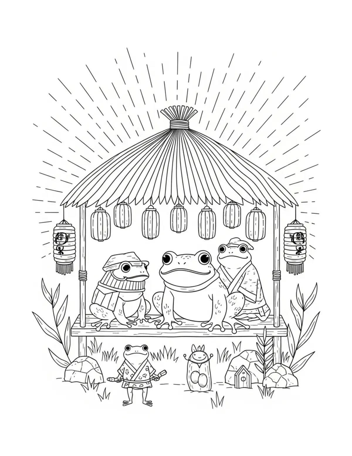 Free printable coloring page: frog village festival coloring page. Cute and cozy design for kids and adults to download and print.