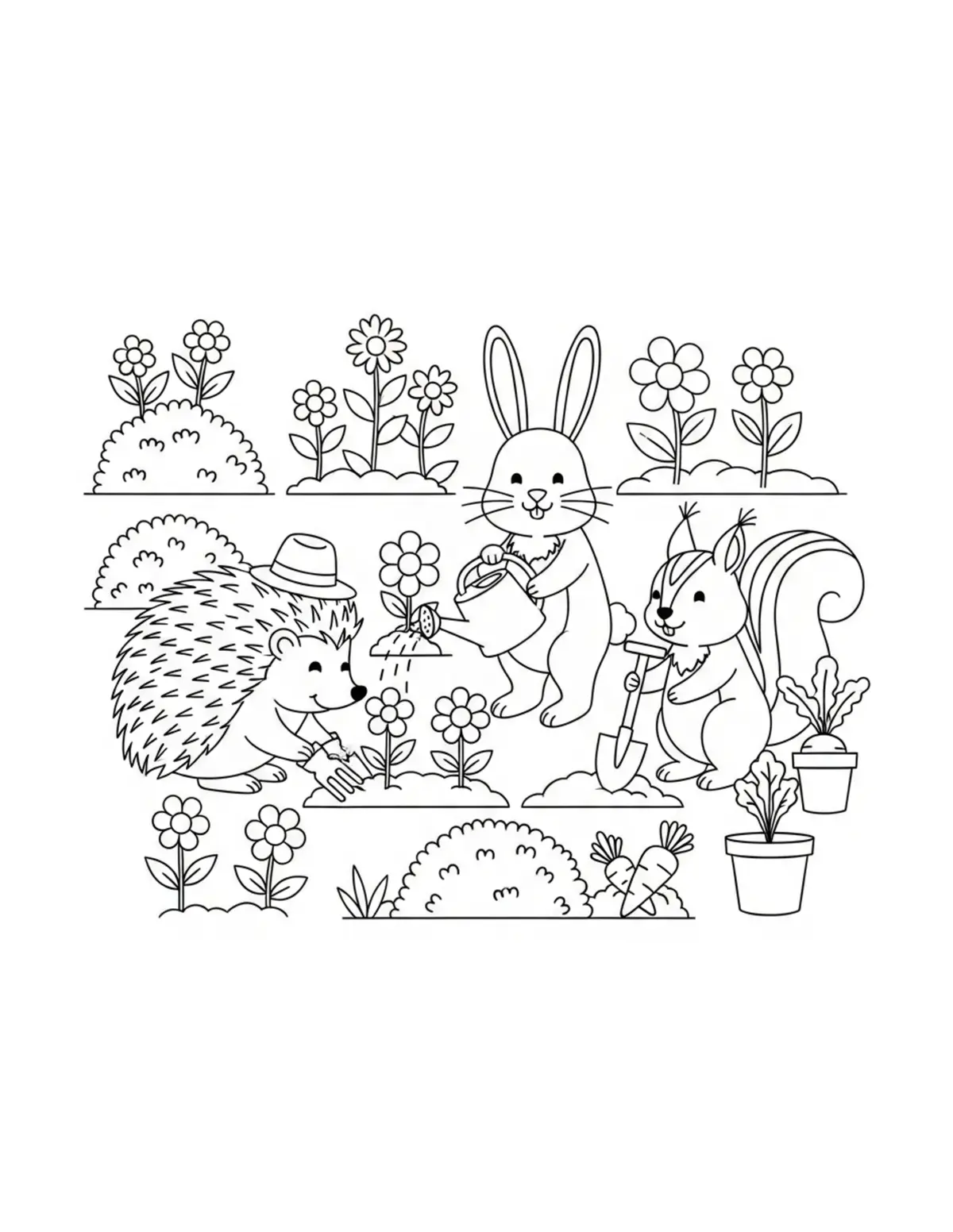 Free printable coloring page: hedgehog gardening with friend coloring page. Cute and cozy hedgehog garden design for kids and adults to download and print.