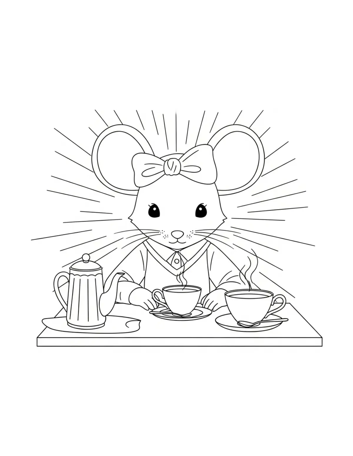 Free printable coloring page: mouse vintage tea room coloring page. Cute and cozy mouse tea party design for kids and adults to download and print.