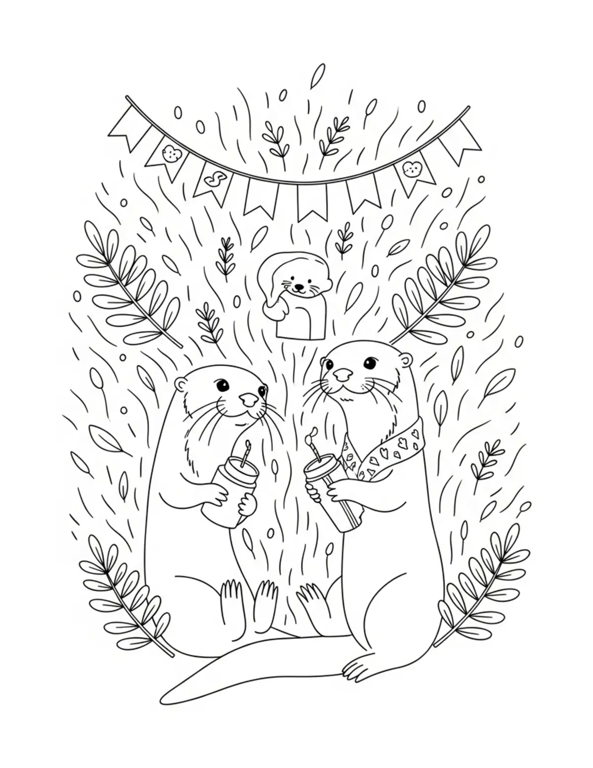 Otter Woodland Celebration coloring page - free printable JPG featuring adorable otters