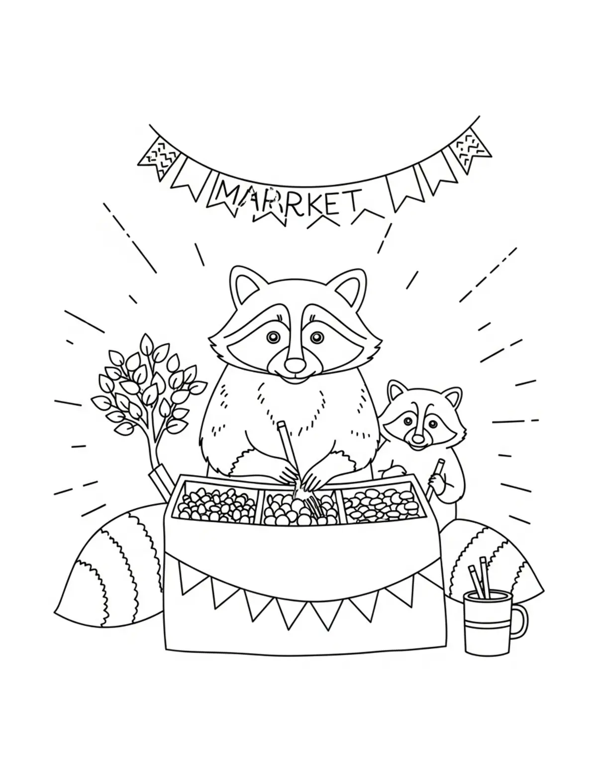 Raccoon Market Day Celebration coloring page - free printable JPG featuring adorable raccoons at a market