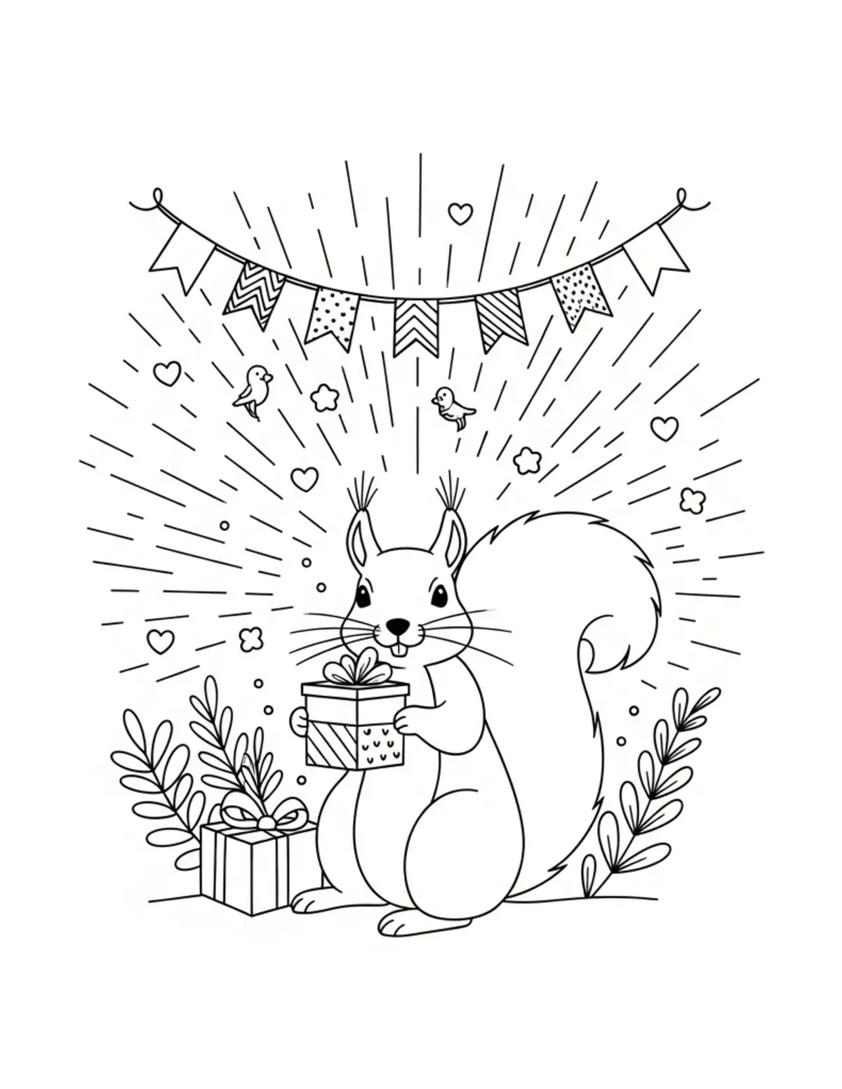 Squirrel Woodland Celebration coloring page - free printable JPG featuring adorable squirrels in a woodland scene
