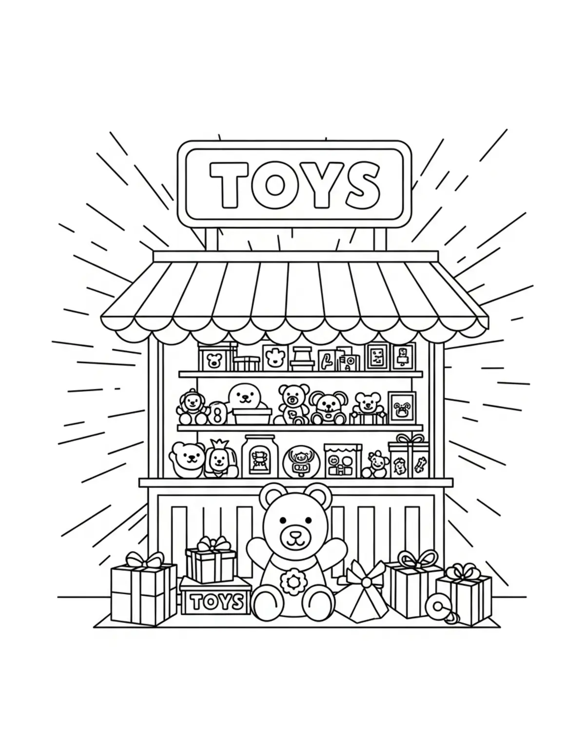 Free printable coloring page: toy-shop coloring page. Cute and cozy design for kids and adults to download and print.