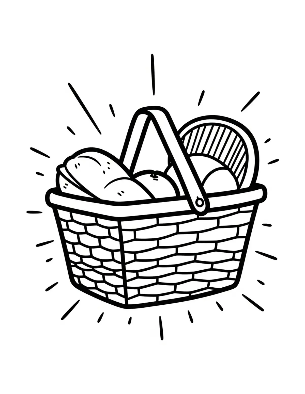 Free printable coloring page: bold-easy-picnic-basket coloring page. Cute and cozy design for kids and adults to download and print.