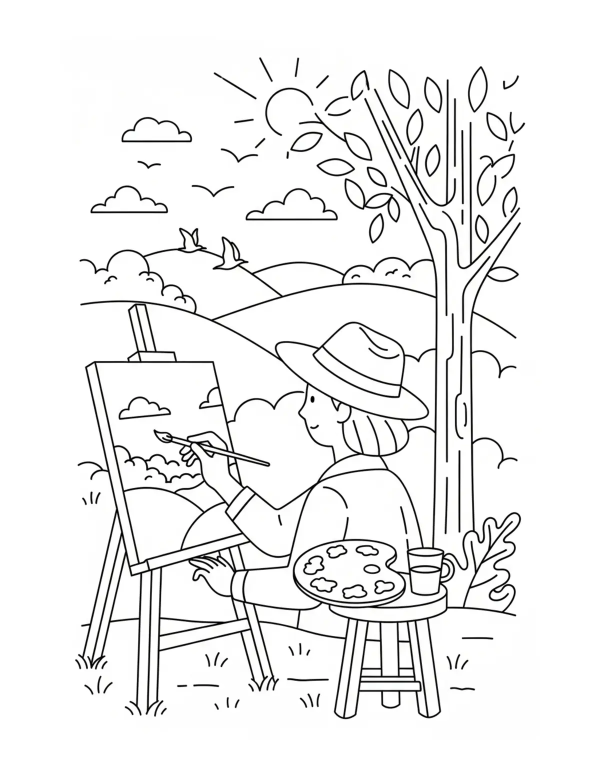 Free printable coloring page: cozy outdoor painting afternoo coloring page. Cute and cozy summer design for kids and adults to download and print.