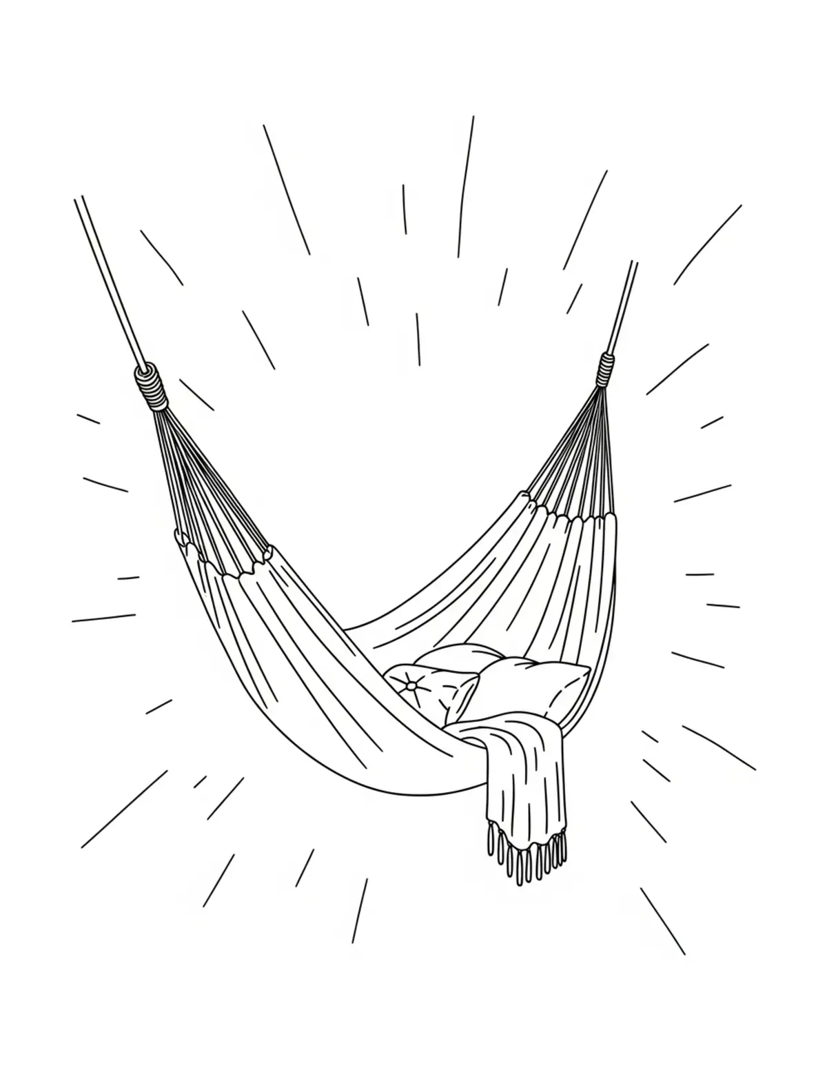 Free printable coloring page: cozy reading hammock space coloring page. Cute and cozy design for kids and adults to download and print.