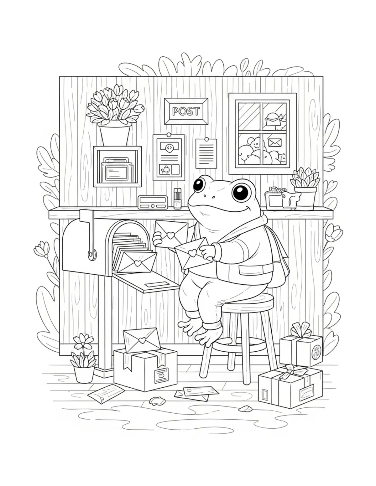 Cute Frog Post Office — free printable cute animals coloring page for kids and adults