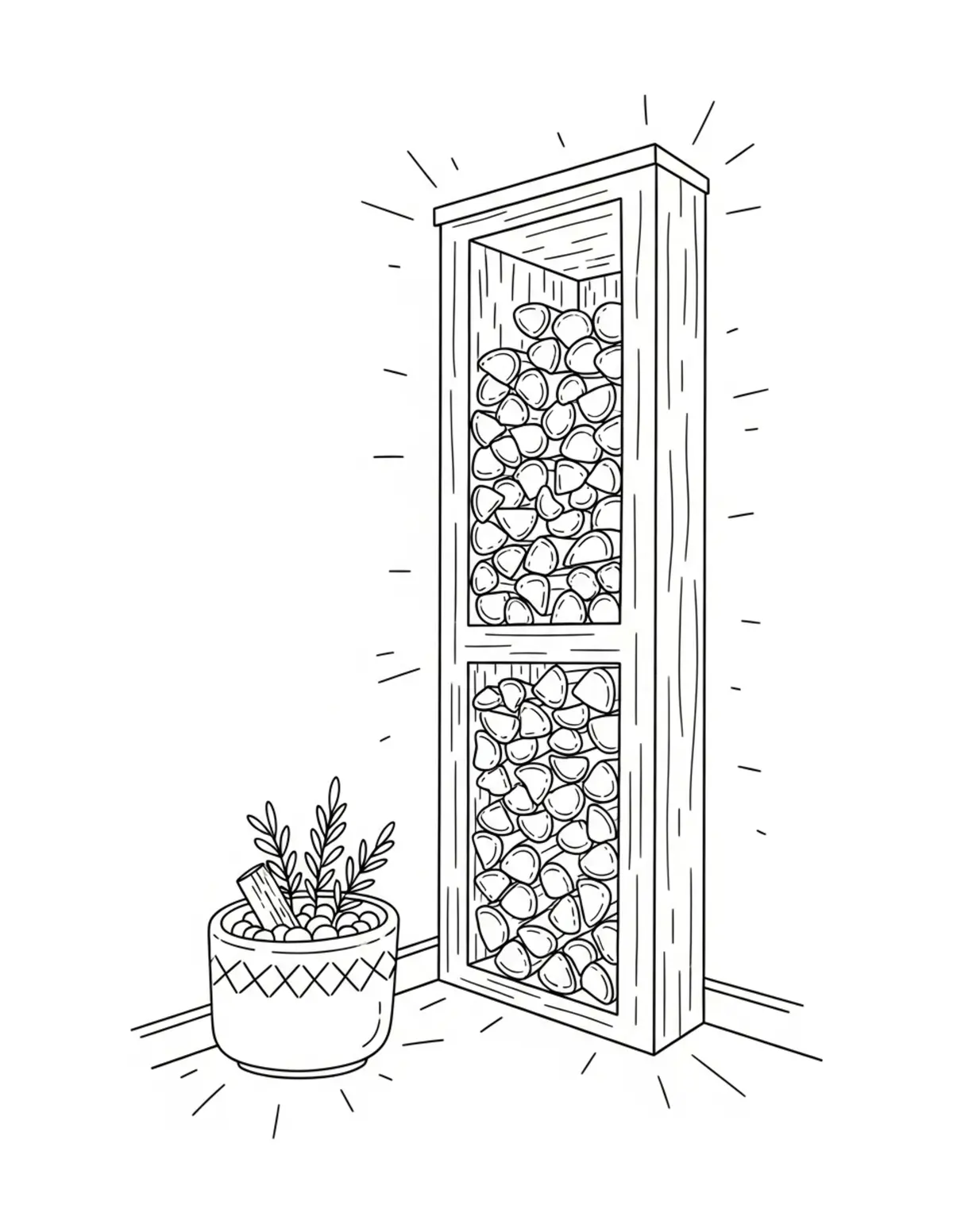 Free printable coloring page: cozy firewood storage corner coloring page. Cute and cozy design for kids and adults to download and print.