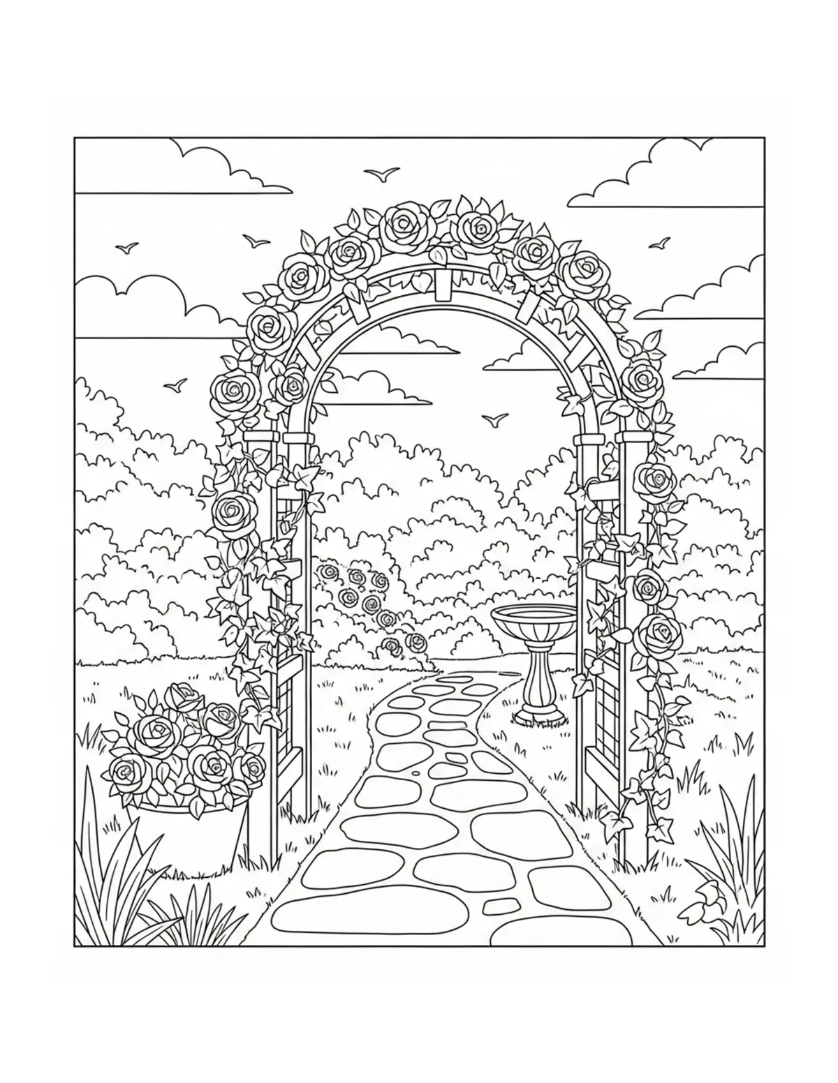 Free printable coloring page: cozy summer garden archway coloring page. Cute and cozy summer design for kids and adults to download and print.