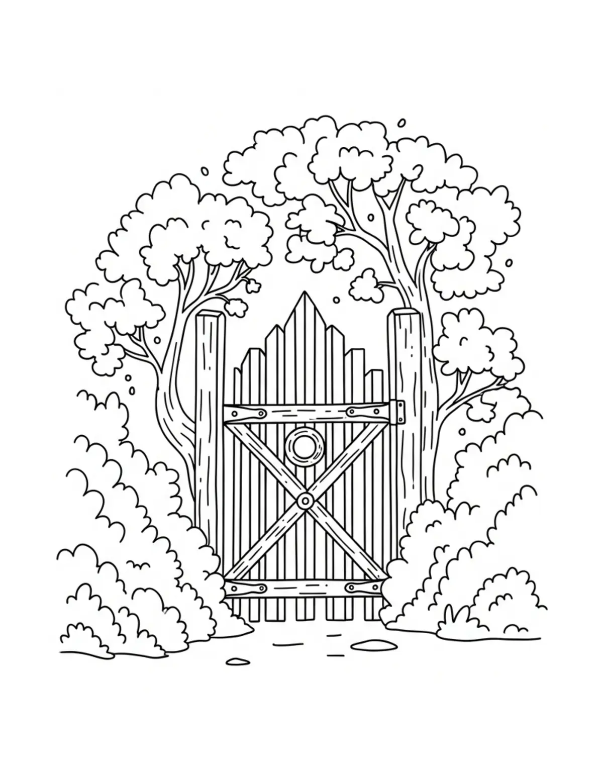 Free printable coloring page: hidden-woodland-gate coloring page. Cute and cozy design for kids and adults to download and print.