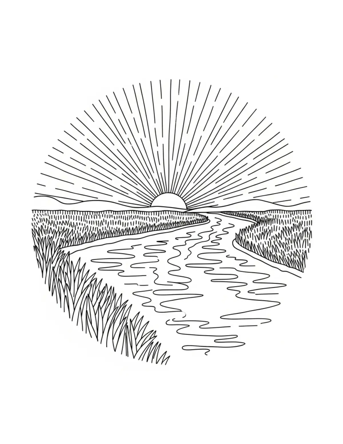 Free printable coloring page: bold-easy-river-bend coloring page. Cute and cozy design for kids and adults to download and print.